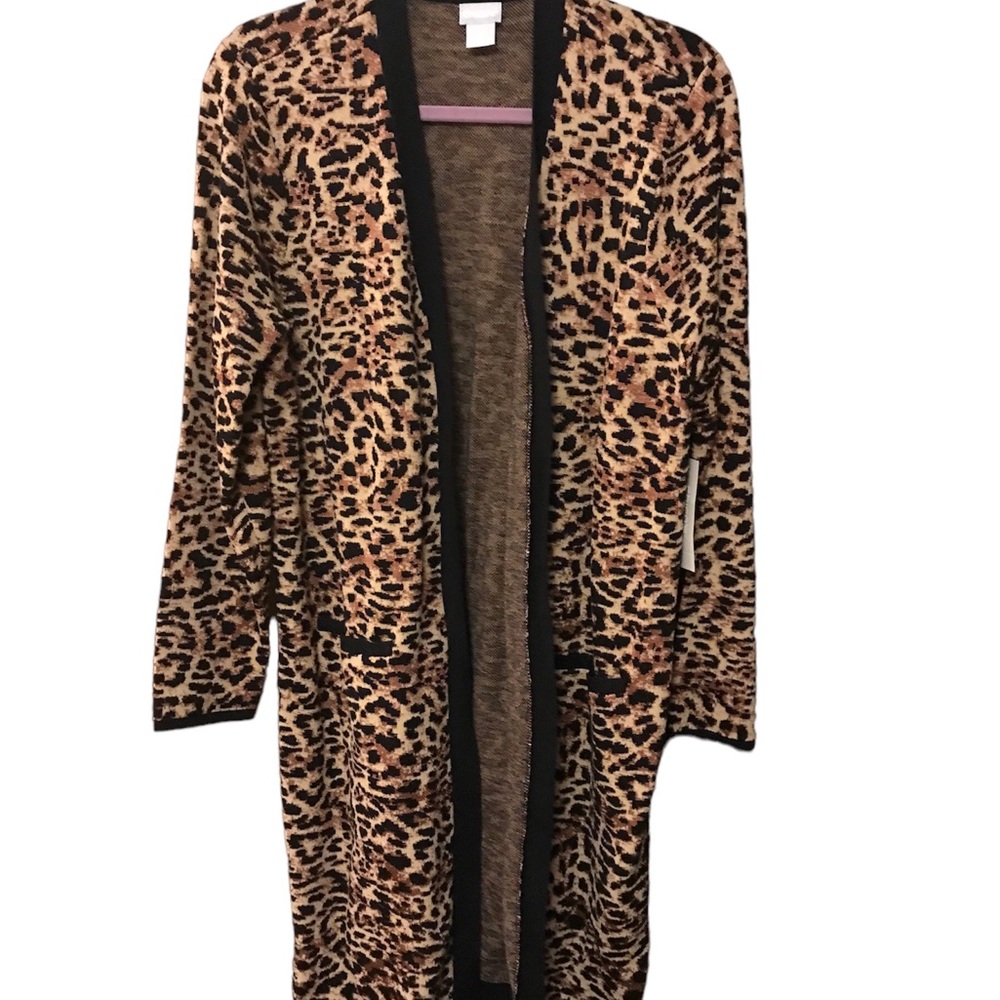 Chico’s Knee Length Open Front Card. Jacquard Leopard pattern 2 pockets NWT